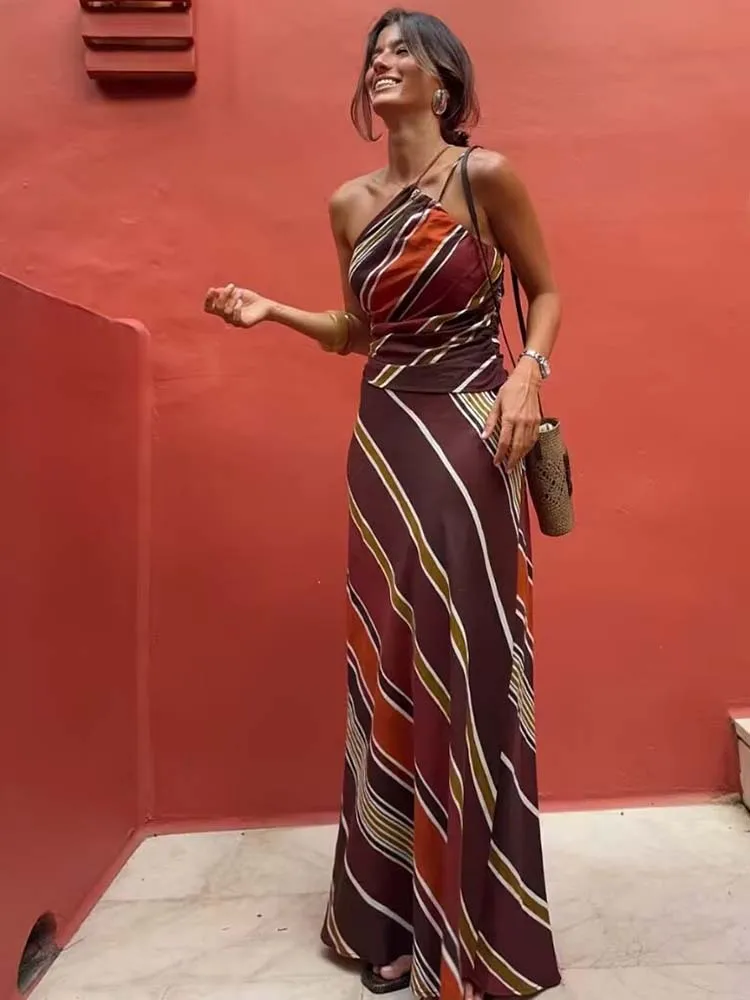 2025 Fashion Backless Halter Striped Print Women Dresses  Fashion Elegant Slim Party High Street Dresses