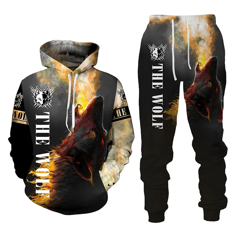 Autumn/Winter New Fierce Wolf Pattern Hoodies Pants Set 3D Printed Casual Sweatshirt Tracksuit Set Fashion Men\'s Clothing Suit