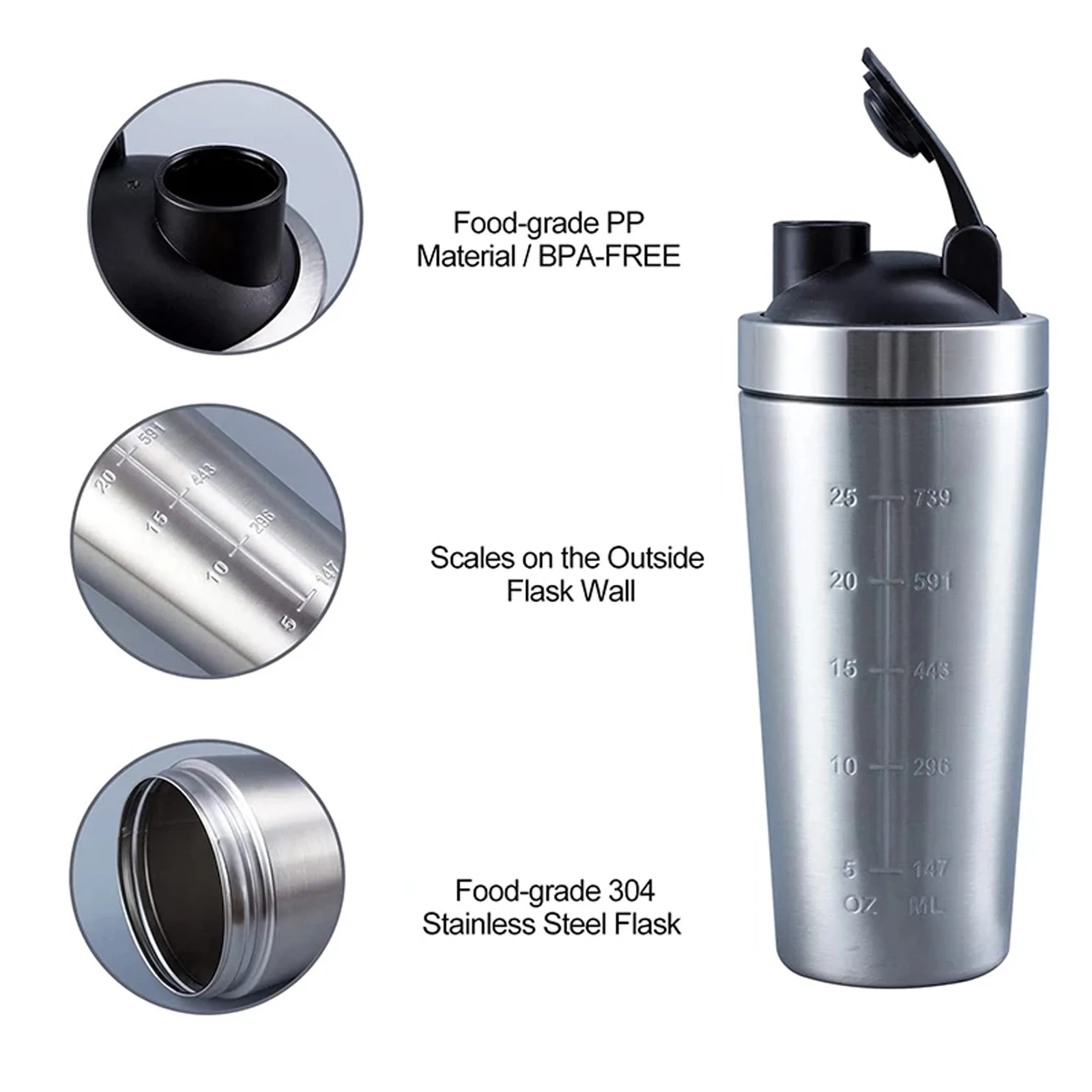 Sports Water Bottle Protein Bottle Shaker Bottle Shaking Cup Protein Shaker Cup 750ml Stainless Steel Shaker Cup Portable Fitness Sports Mug Nutrition Blender Cup Water Bottles Vacuum Insulation Water