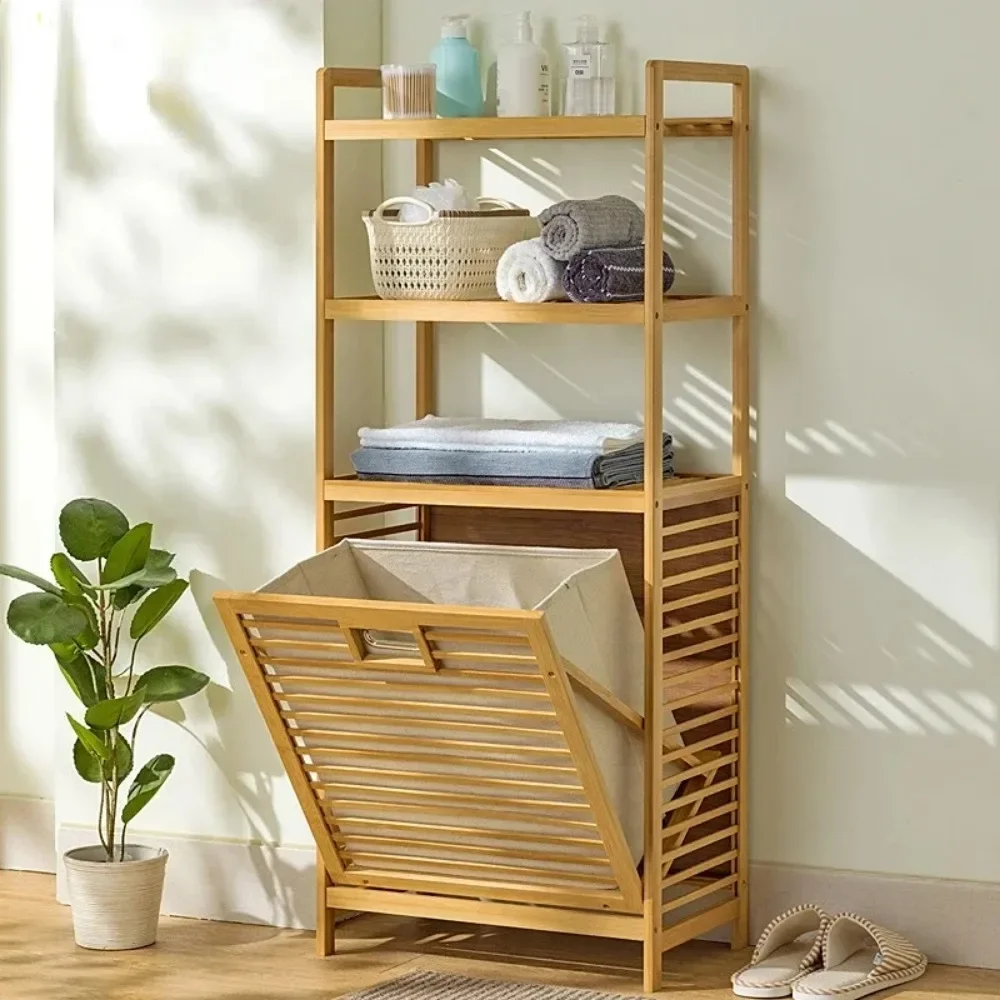 Laundry Hamper with Shelf 3/4 Tier Wooden Storage Hamper Multi-function With Tilt Out Basket Bathroom Rack Bamboo Laundry Basket