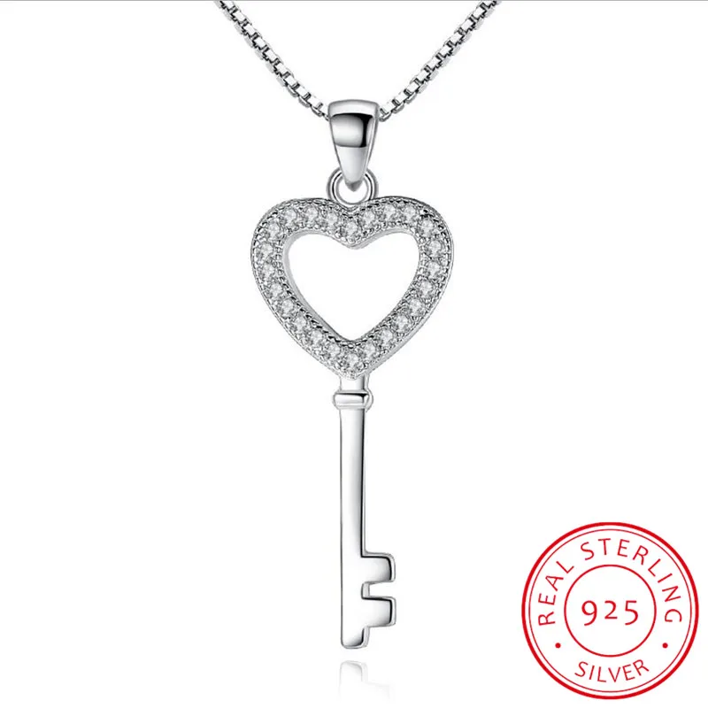925 Sterling Silver Jewelry CZ Zirconia Crystal Love Heart Key Pendant Necklace for Women Gift 45cm Chain collares S-N74