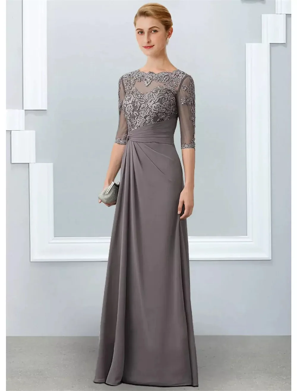 Mother Bride Dresses Women Party Dresses A-line Chiffon Half Sleeves Appliques Lace
