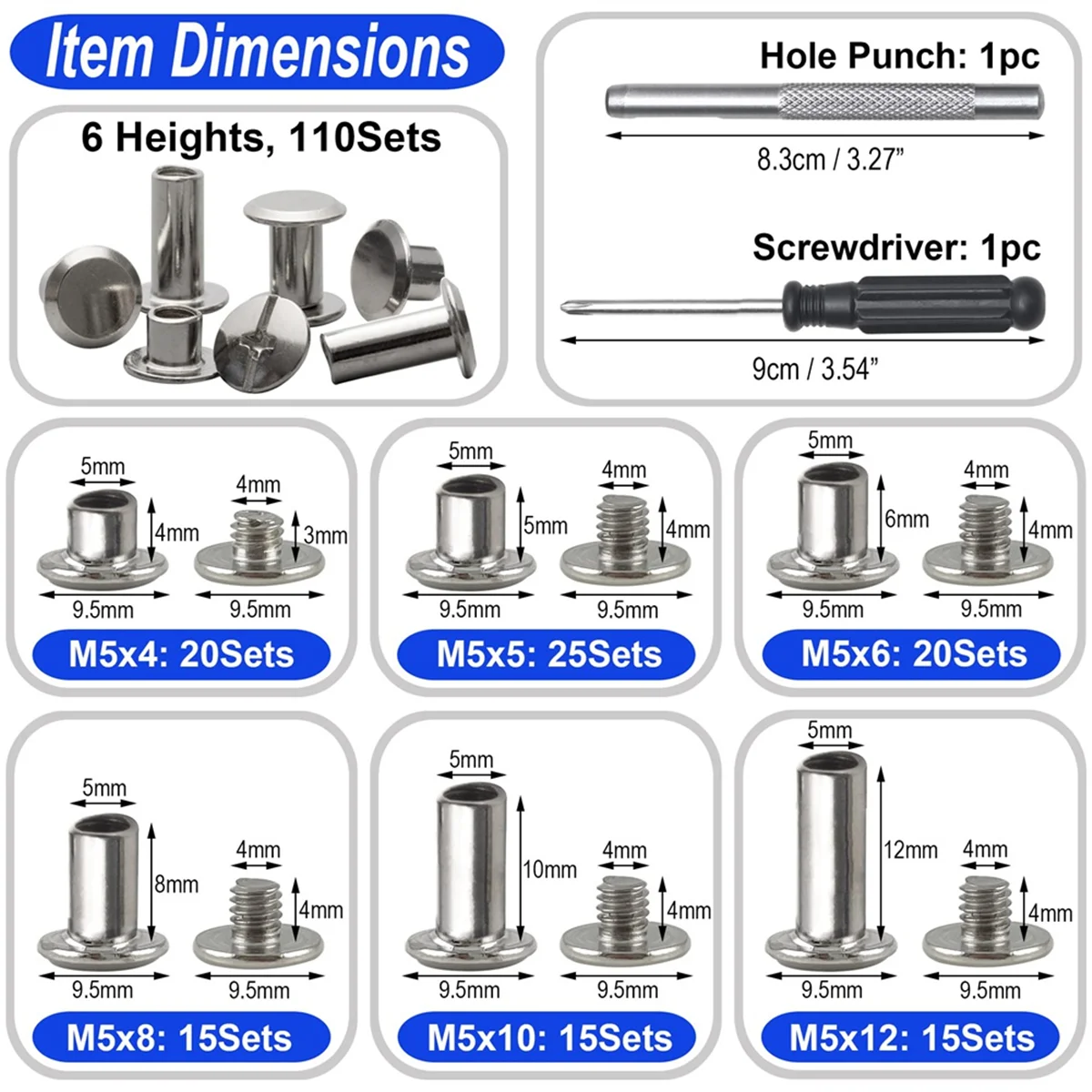 Chicago Screw Leather Rivets Assorted Screw Rivets M5 Chicago Binding Screws for Decorating PU Craft Belts(110PCS)A