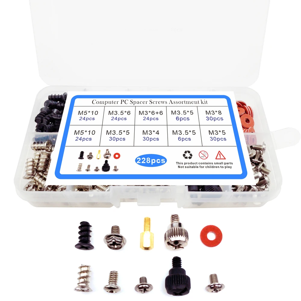 

10 Kinds of Motherboard PC Personal Computer Assemble Case Fan Hand Screw Bolt Standoff Washer Assortment Kit 228PCS