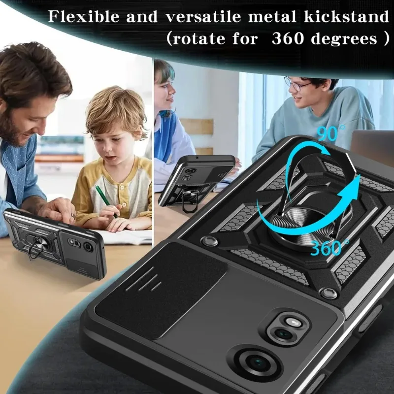 Magnetic Metal Ring Holder Shockproof Armor Case with Slide Lens Cover