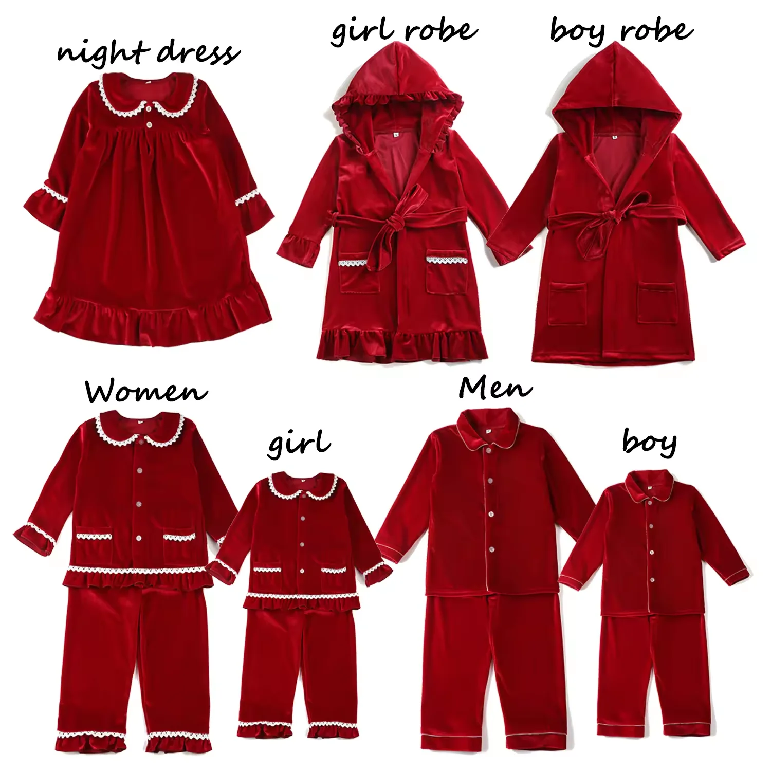 thumbnail image 2 of Venta caliente Conjunto de pijamas a juego para la familia Pijamas navideños para madres e hijos Pijamas con volantes de terciopelo rojo para bebés Pijamas para niños y niñas Conjuntos para hermanos, 2 of 5