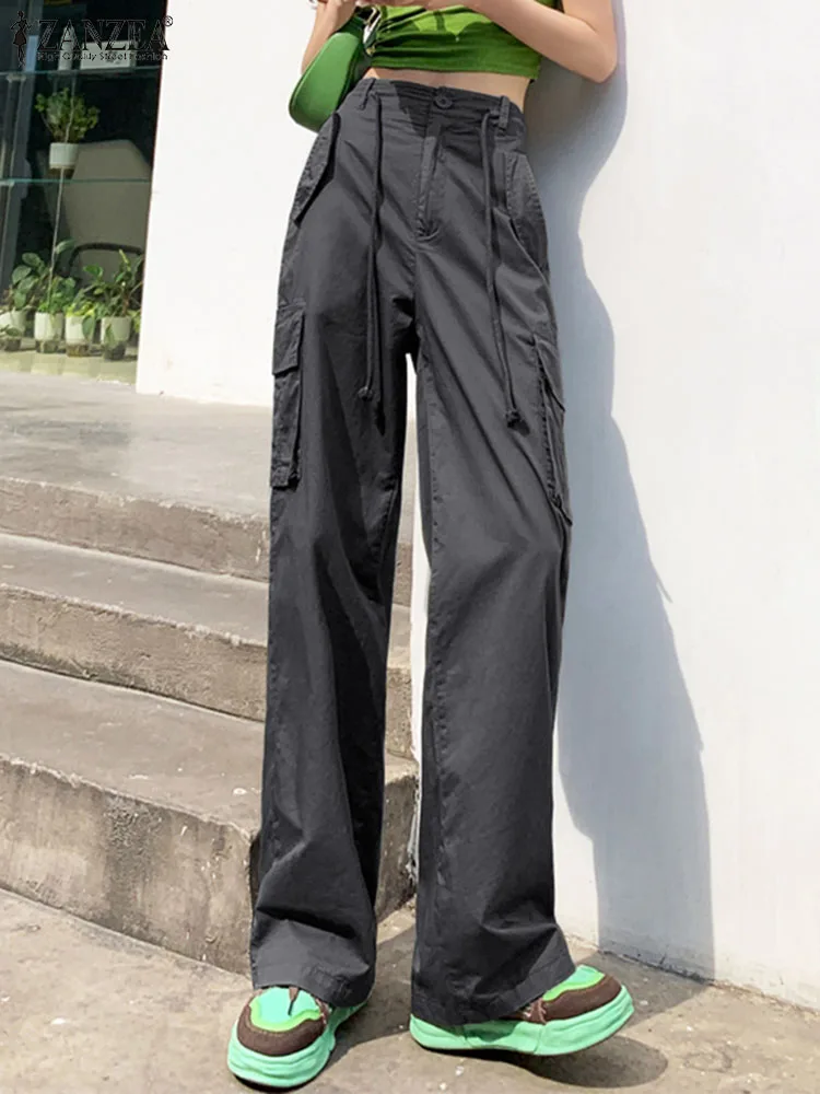 

Women Fashion Cargo Pants ZANZEA Elegant High Waist Wide Leg Trousers Y2k Style Casual Long Pant Hip Hop Streetwear Pantalon
