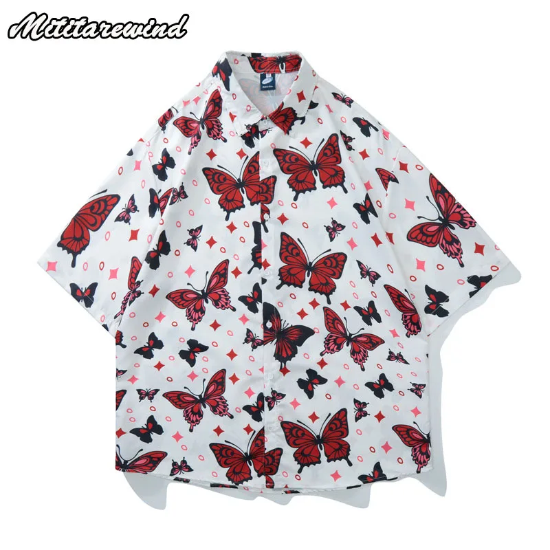 

Summer Fashion Butterfly Short Sleeve Shirt Men's and Women Loose Couple Dress Hawaiian Style Beach Holiday Clothing Streetwear