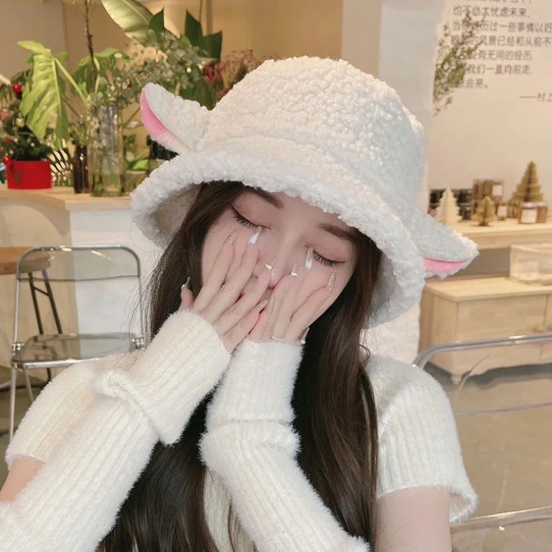 Cute Sheep Ear Bucket Hat Women Winter Warm Plush Panama for Women Warm Faux Fur Soft Female Fisherman Hats