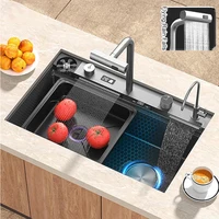 Digital Display Waterfall Kitchen Sink Stainless Steel  Large Single  Slot Right Side Under mount Cup Washer  Piano Keys 1