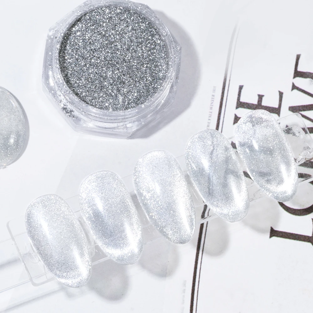 HNDO Silver Cat Eye Magnetic Powder Bright White Glitter Nail Art 3D Effect for Manicure Design Fine Particles Pigment Dust SD46