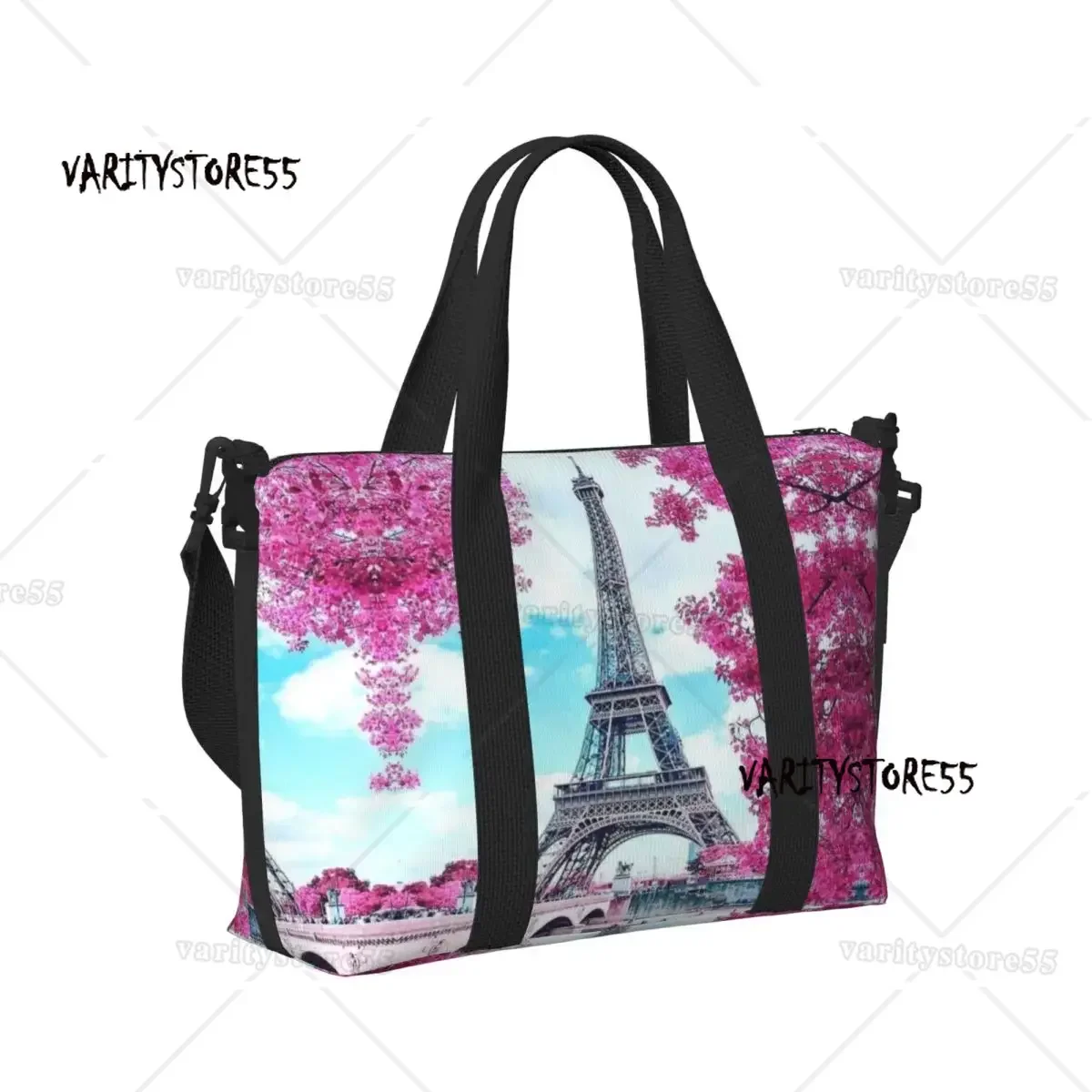 Eiffel Tower Paris Floral Tote Bag for Women Large Capacity Romantic Landscape Beach Gym Travel Bags