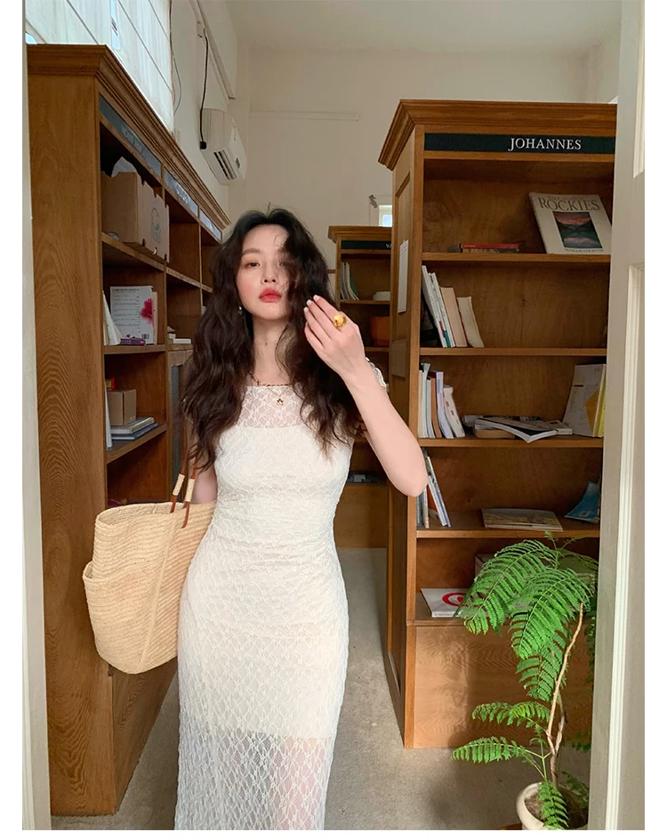 Elegant Mesh Two Piece Dress Set Slim Midi Dresses for Women Frence Retro Lace Y2K Bodycon Birthday Party Dress Prom Vestidos