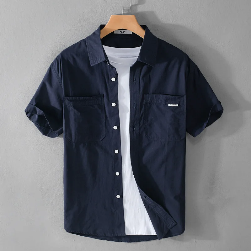 Summer Men's Casual Short Sleeve Shirt Cotton Sold Color Loose Simple Male Workwear Versatile Youth Fresh Shirt