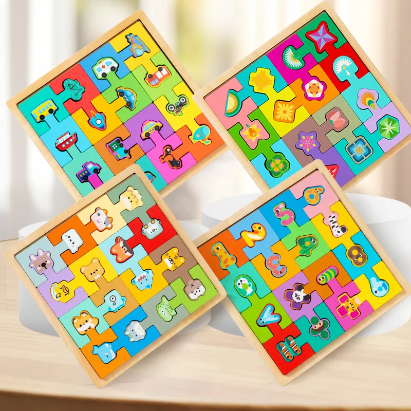 Wooden Shape Lock Puzzle Animal/Traffic/Number/Fruit Block Set Hand-Eye Coordination Logical Thinking Fine Motor Skills GameGift