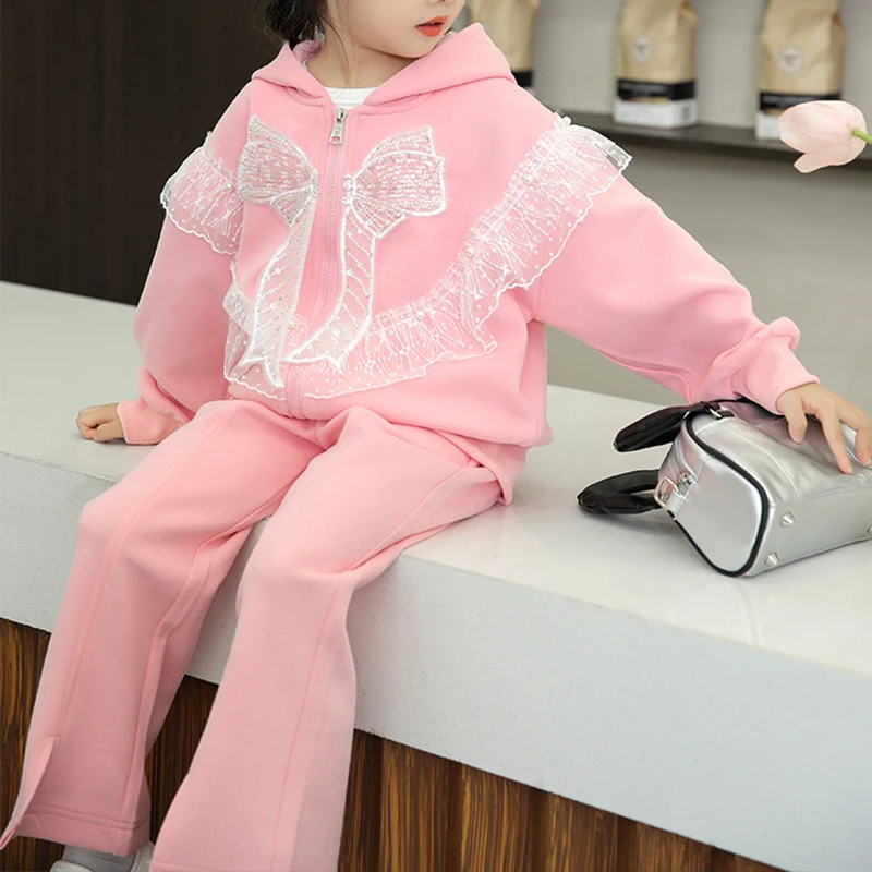 

Girls' Two Piece Clothing Set Pink New Spring and Autumn Sports Casual Mesh Hooded Top+Flare Pants