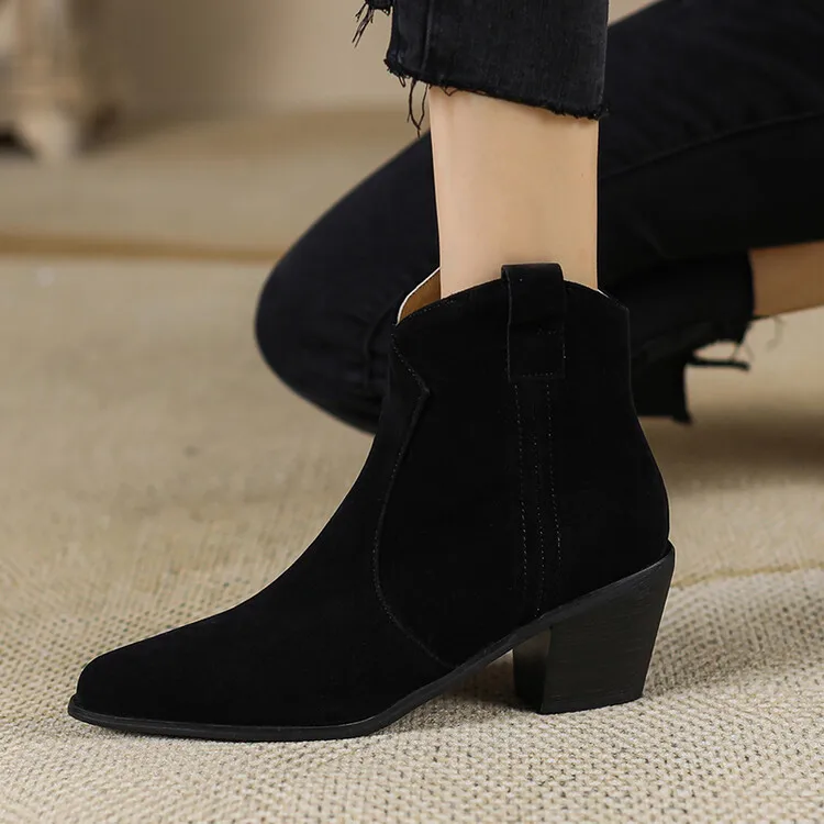 Big Size 46 Women Western Cowboy Boots Nubuck Thick Heels Cowgirl Short Boot Winter Shoes