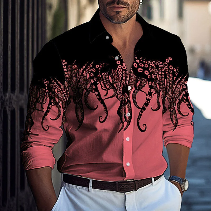 thumbnail image 1 of Camisa de manga larga con botones para hombre, 9 colores, estampado 3D de pulpo, ropa de noche diaria, camisa de solapa, ropa holgada de moda para hombre, 6xl, 1 of 5