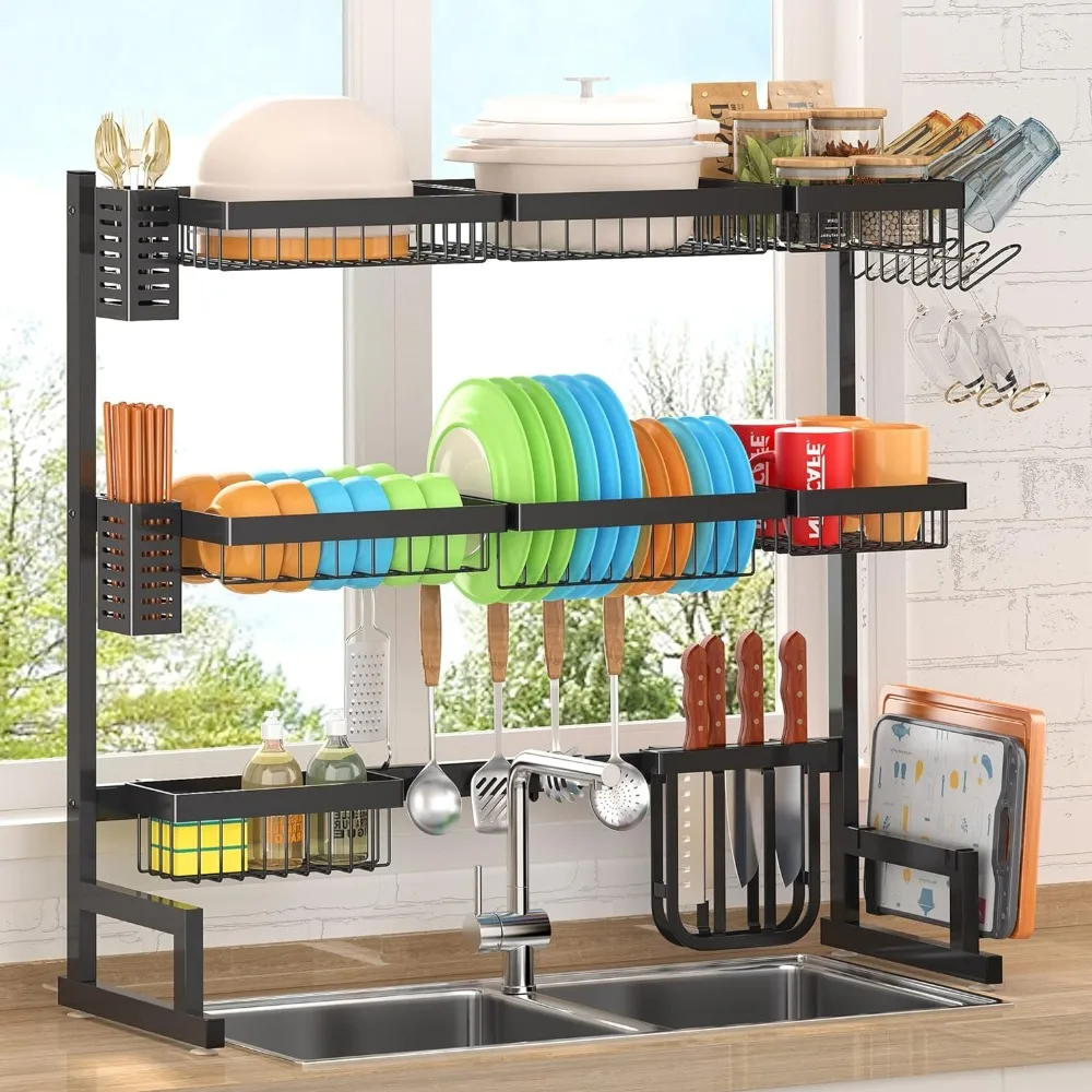 

PUSDON Adjustable Over Sink Dish Drying Rack 3 Tier, 2 Cutlery Holders Drainer Shelf for Kitchen Storage Counter Organizer