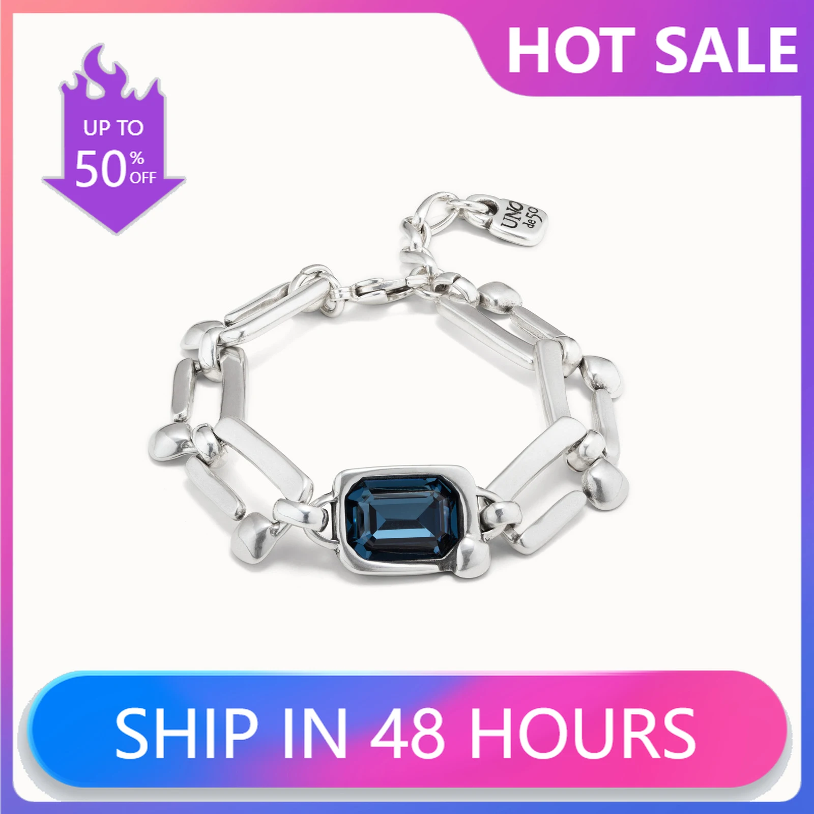 

2024 Original New Product Spain UNOde50 Jewelry Gorgeous and Popular Quadrilateral Blue Crystal Bracelet Women High Quality Gift