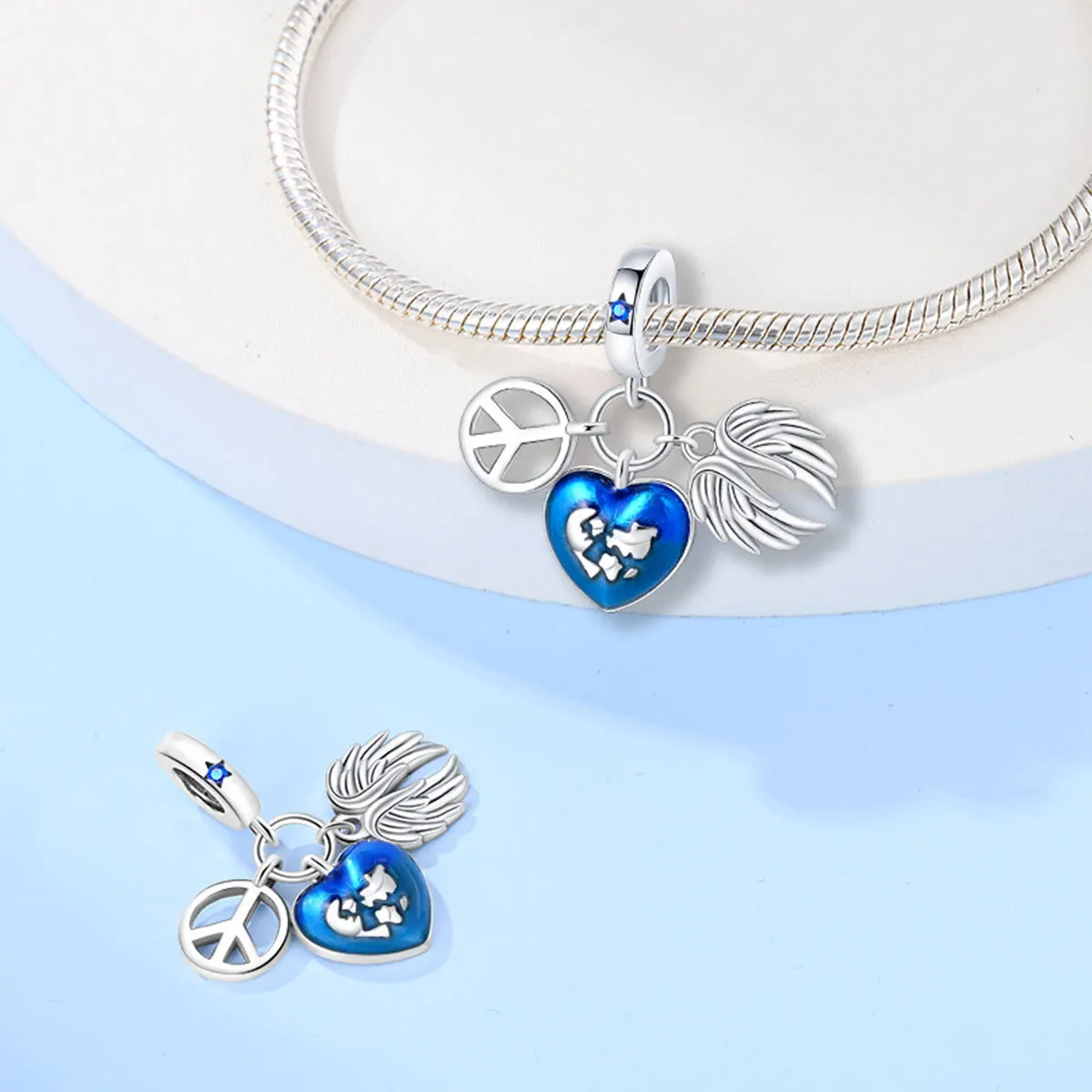 Silver Plated Beads with Colorful Crystal Pendant - Peace Dove, Globe, and Rose Heart Design
