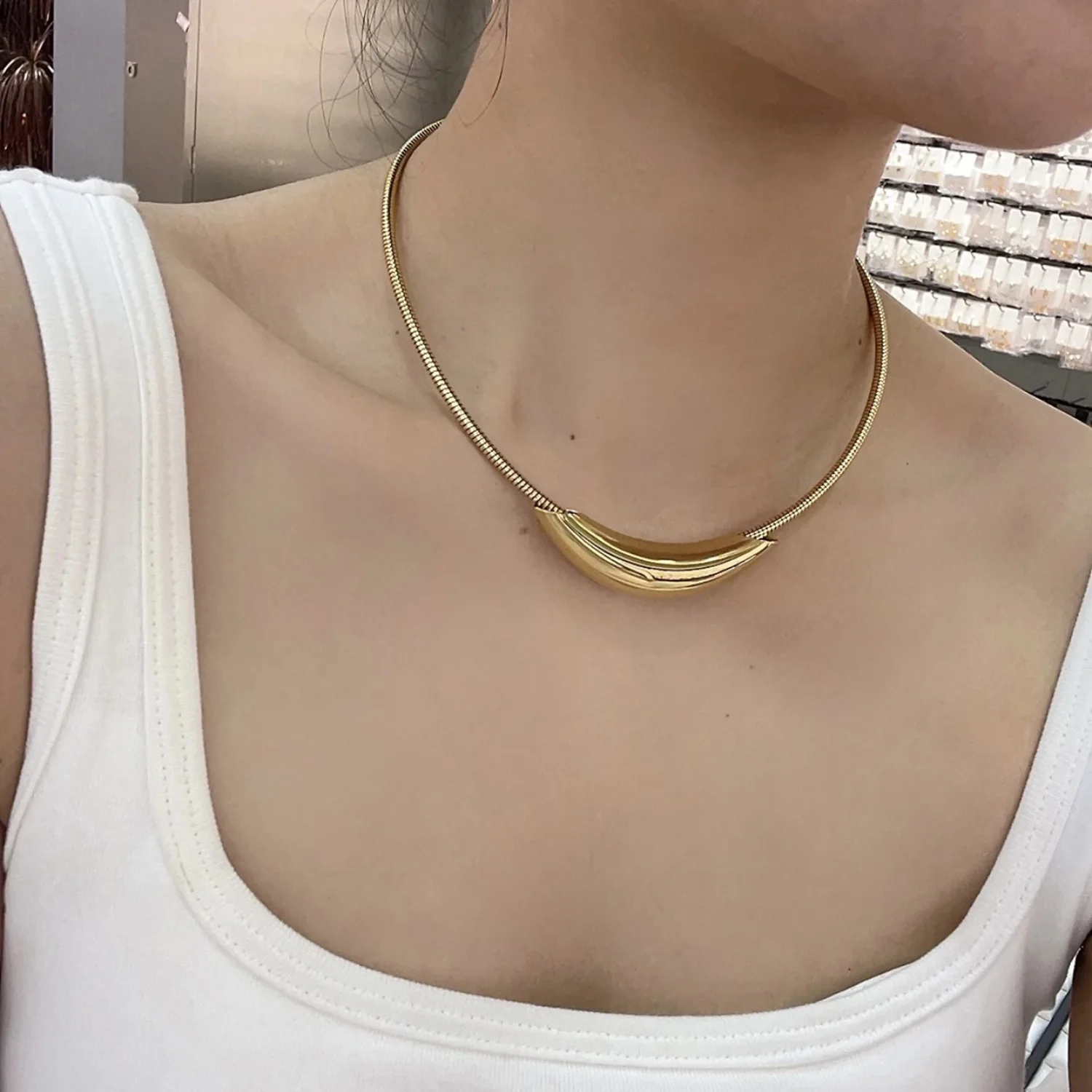 Flashbuy Stainless Steel Gold Color Necklace Snake Chain Metal Bend Tube Pendant Choker Necklace Clavicle Chain Collier Jewelry