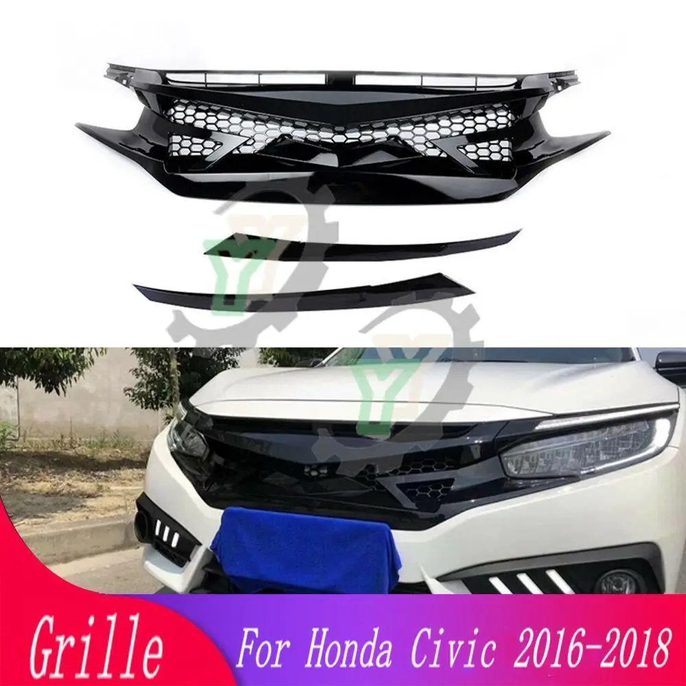 

Car modified glossy black mesh front grille For Honda Civic 2016 2017 2018 10th generation replacement front bumper racing grill