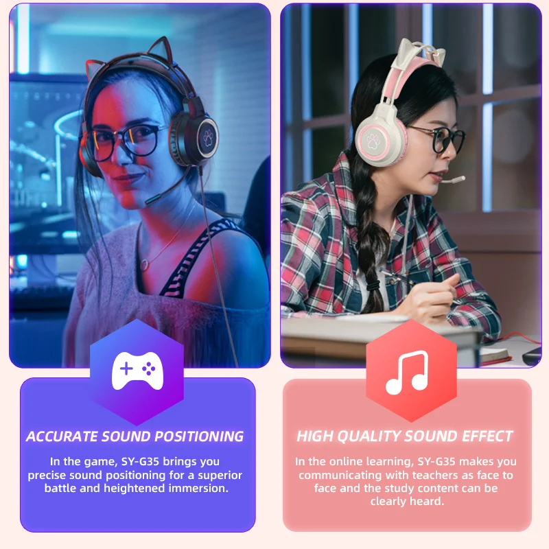 New SY-G35 Wired Cat Ear Headphones RGB Lighting 360&deg; Noise Canceling Mic HiFi Sound Quality Computer PC Laptop Gaming Headset
