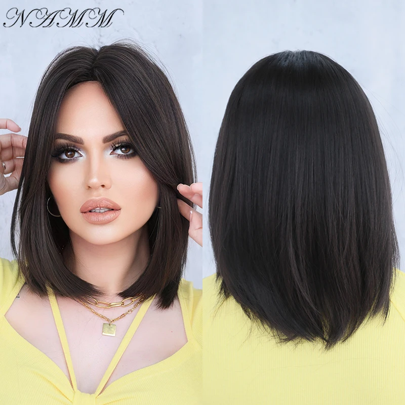 NAMM Short Bob Wigs Women Synthetic Wigs Middle Part Bangs Light Brown/Black Female Cosplay Heat Resistant Straight Natural Wigs