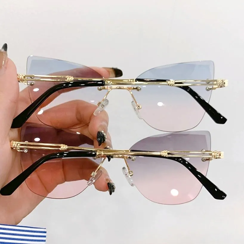 

Женские брендовые дизайнерские модные градиентные солнцезащитные очки, новые очки кошачий глаз без оправы, металлические женские очки, зеркальные ретро-очки 2023