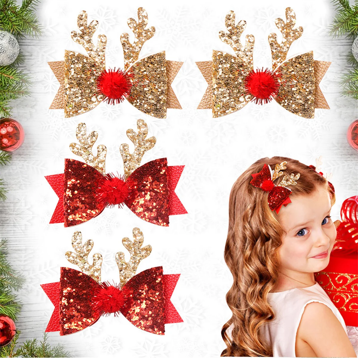 Hair Accessories 4pcs Cute Christmas Antlers Sequin Bow Hairpins Perfect Gift for Baby Girls Hairpin Barrettes Headwear Kids Hair Accessories