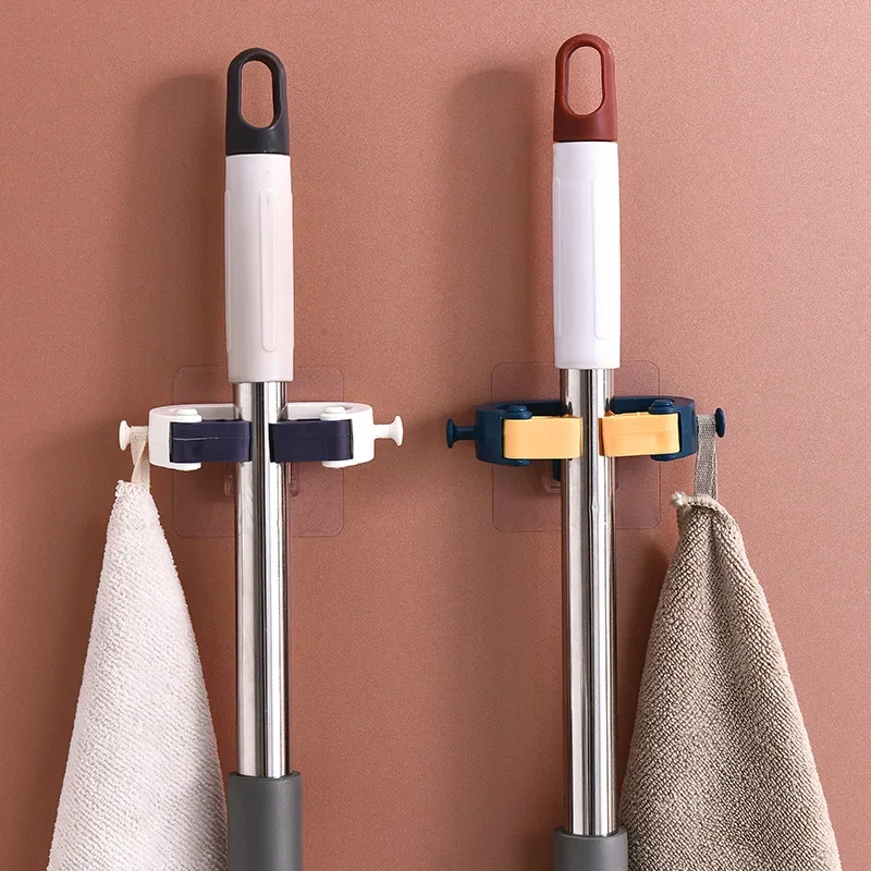 Mop & Broom Holder 1pc No Punching Mop Broom Holder Rack Grippers Clips Wall Mount Home Appliance Multi-Purpose Hooks Kitchen Bathroom Organizer
