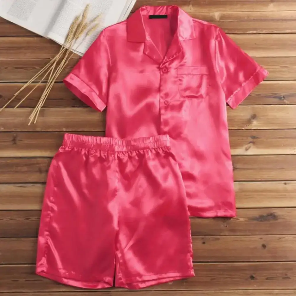 

2 Pcs/Set Men Summer Nighty Suit Trendy Smooth Surface Summer Pajamas Set TUrn-down Collar Men Pajamas Set Men Garment