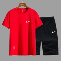 Nike Sports Suit Men and  Women  Embroidered  Couple  Cotton  Athletic  Short  Sleeved  Shorts  Set  White and Black 3
