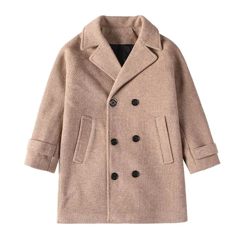 Grid Jackets Woolen Double-breasted Baby Boy Trench Coats Turn-down Collar Kids Mid-Length Outerwear Autumn Winter Thicken Warm