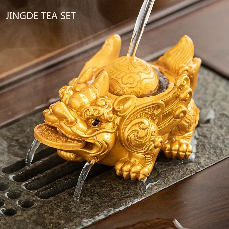 1PCS Chinese Resin Discolored Tea Pet Lucky Cute Golden Toad Ornaments Desktop Handmade Crafts Home Tea Set Decoration Gifts tea pet ornaments
