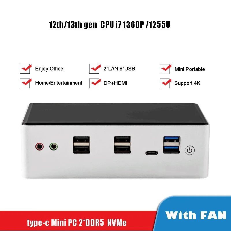 Мини-ПК 13-го поколения i7 1360P i5 1340P 2xDDR5 4800 МГц 2 * NVMe Windows 11 игровая портативная микро ТВ-приставка 2 LAN HTPC WiFi6 Nuc i7 1255U