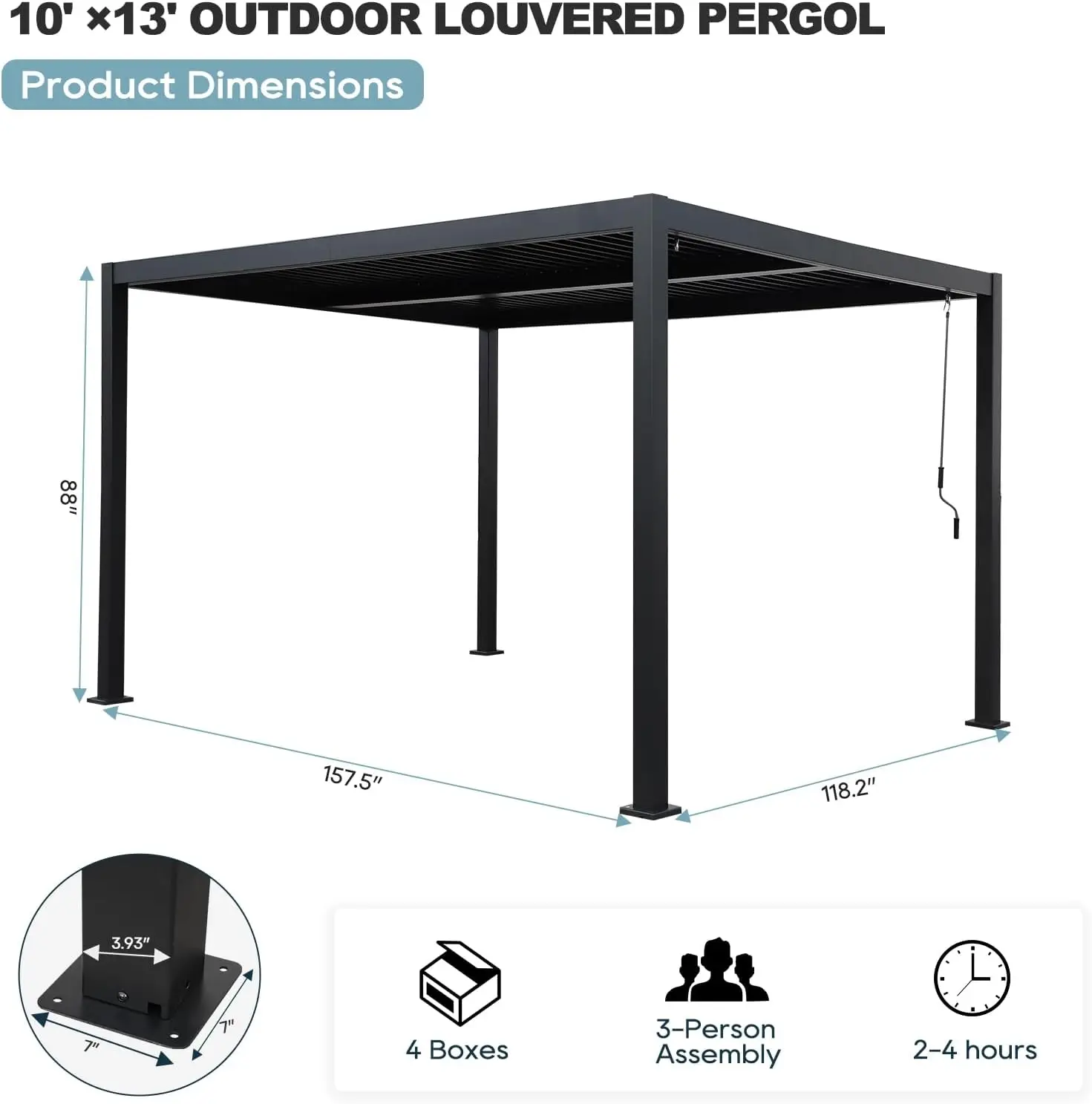 10' ×13' Outdoor Louvered Pergola, Aluminum Outdoor Louvered Pergola Patio with Adjustable Roof for Outdoor Deck (Black)