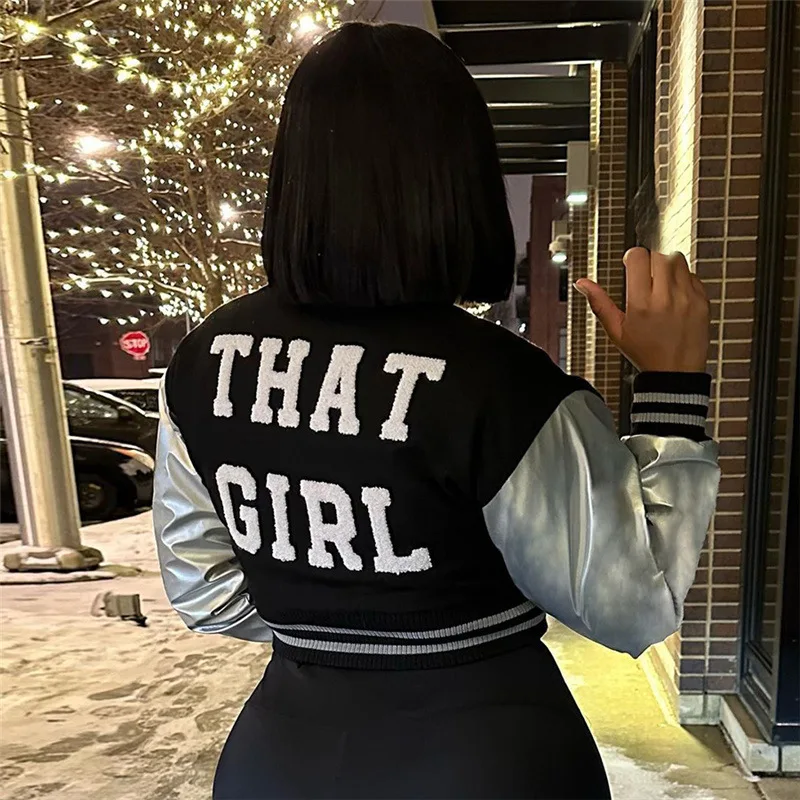 Women Cropped Varsity Jacket Outwear 2023 Autumn Baseball Letterman Bomber Jackets That Girl Letter Sporty Coats Streetwear Y2k