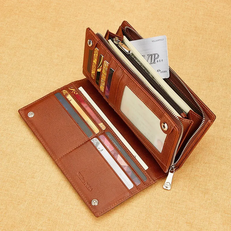 WilliamPOLO Brand Men's Wallet Luxury Designer Vintage Classic Top Quality  Leather Card Holder Purse Zipper Long Wallet For Men