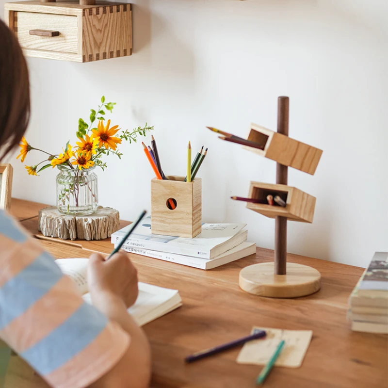 Solid Wood Slanted Pen Holder Multi-Layer Desk Organizer Retro Office Stationery rack Stylish Desktop Decoration for Workspaces