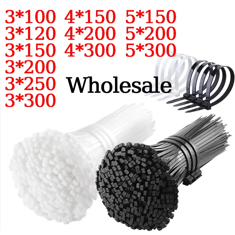 

1000Pcs Self-locking Plastic Nylon Cable Tie White/Black 3*100mm Cable Tie Fastening Ring 5*300mm Cable Tie Zip Wraps Strap Tie