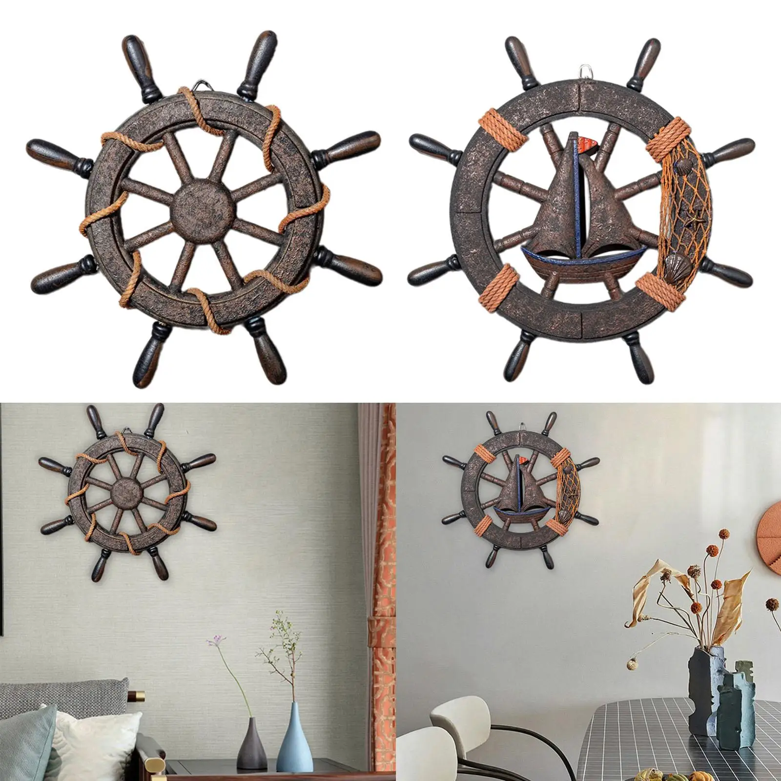 Wall Art Decor Nautical Wheel Wall Sculpture Wooden Ship Steering Wheel Boat Rudder for Club Living Room Bar Fireplace Farmhouse