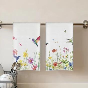 2pcs/set Soft Absorbent Kitchen Towels Dish Towel Hummingbird Watercolor Dish Cloths Holiday Dry Cloth Kitchen Dish Tea Towel 1