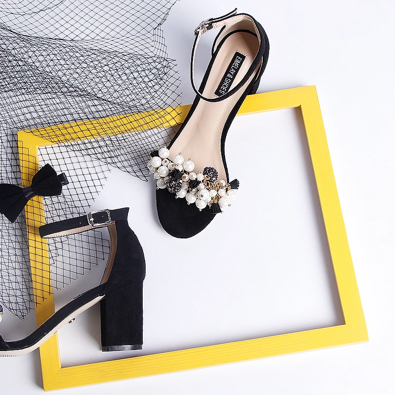 Black Suede Casual Women Sandals Open Toe Chunky Square Heel Pearl Flower Tassel Fashion Summer Shoes Daily Wear Ankle Strap