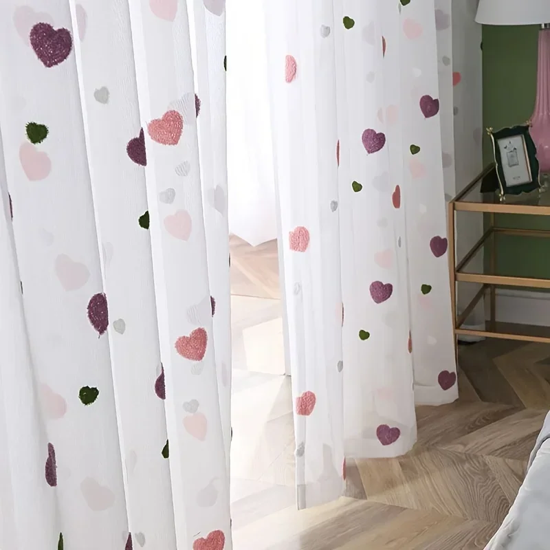 Cute Cartoon Love Heart Embroidered Tulle Curtain For Living Room Bedroom Study Room Sweet Pink Princess Room Home Decoration