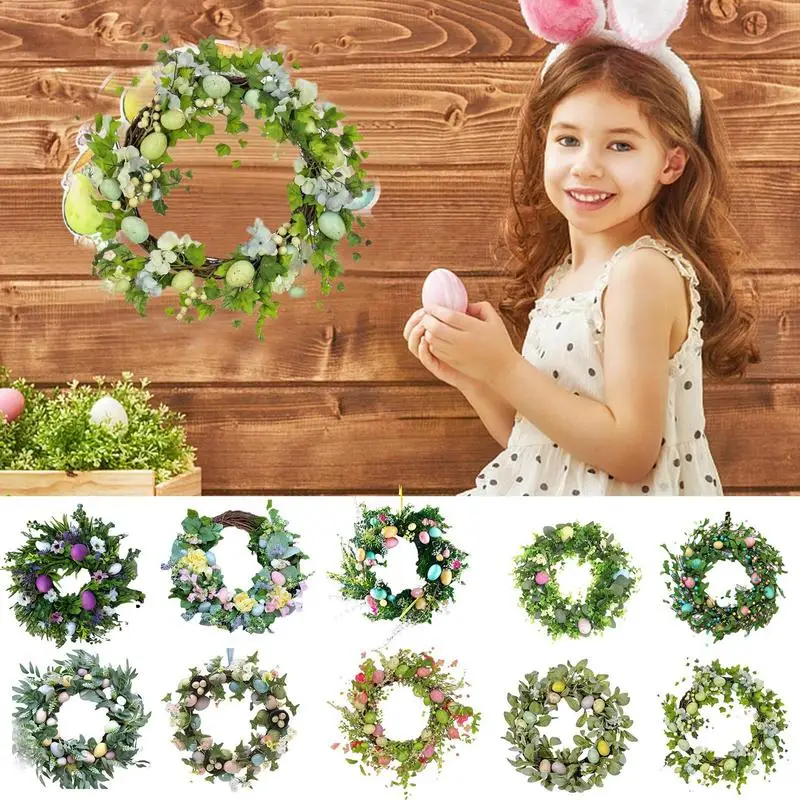 35Cm Bunny Easter Colorful Egg Wreath Door Wall Hanging Pendenti Simulato Green Plant Egg Happy Easter Day Party Decor Per La Casa