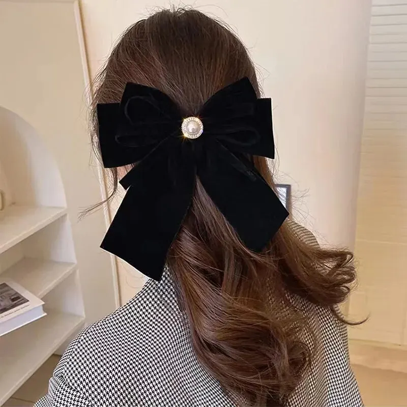 Vintage Velvet Bow Pearl Hairpins for Women Elegant Fabric
