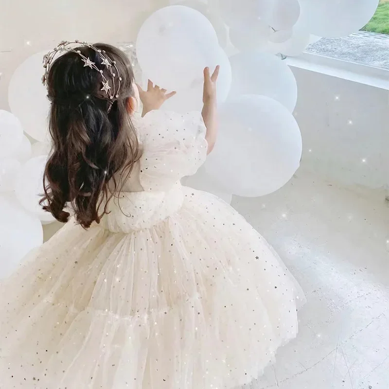 Baby Champagne Baptism Dress Cute Girl Sequin Puff Sleeve Fairy Ball Gown Newborn 1 Year Birthday Outfit Kids Formal Party Gown girls dress baby girl dress