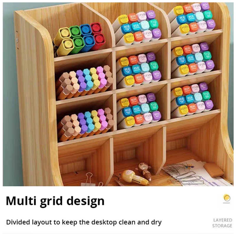 1pc Wooden Desk Organizer Multifunctional Desktop Stationery Pen Holder Box For Home Office School Supplies Storage Holder